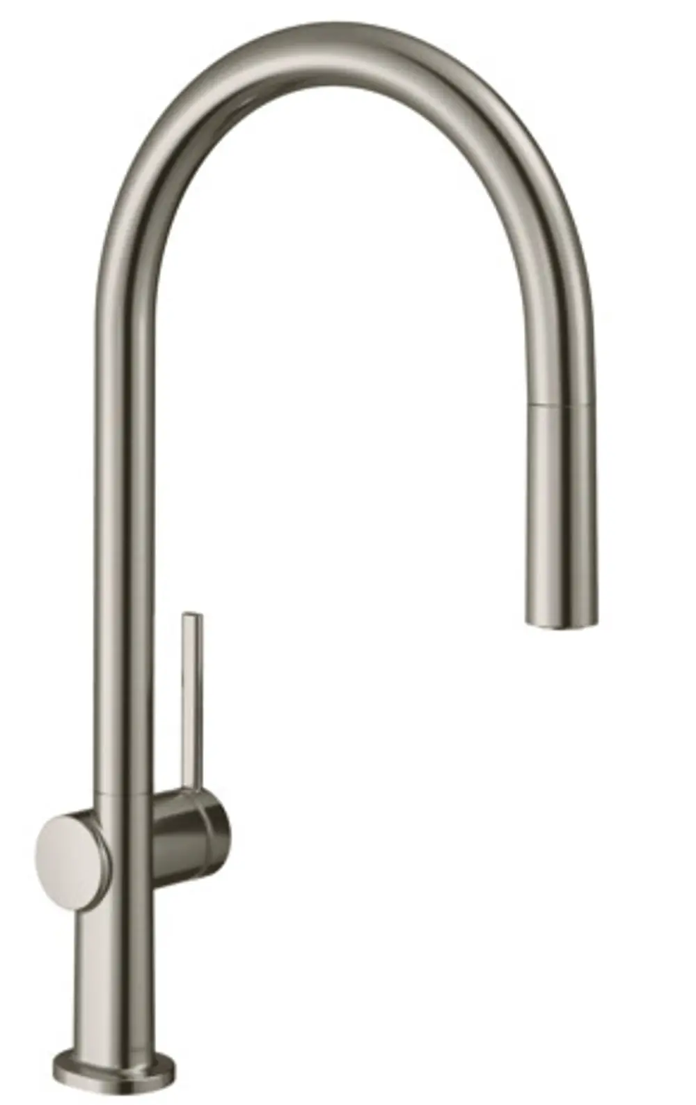 Spültischmischer von Hansgrohe mit hochgezogener Auslauf und seitlichem Hebel, in Edelstahl-Optik, optimal für die Küche.